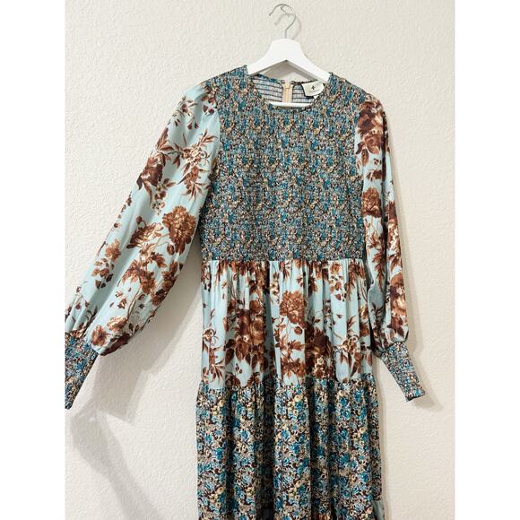 Tuckernuck Libby Maxi Dress Robin Egg Blue Floral Smocked Long Sleeve Size Large - Picture 3 of 6